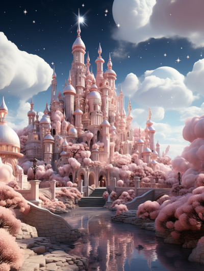 3d render of a magical fantasy castle made out of pastel pink candy, in the background is an enchanted forest with white clouds and sparkling stars, and the sky has a beautiful blue color, the scene includes a small river flowing through it, the overall tone should be dreamy and whimsical, there's lots of detail on all elements of the picture, photo realistic