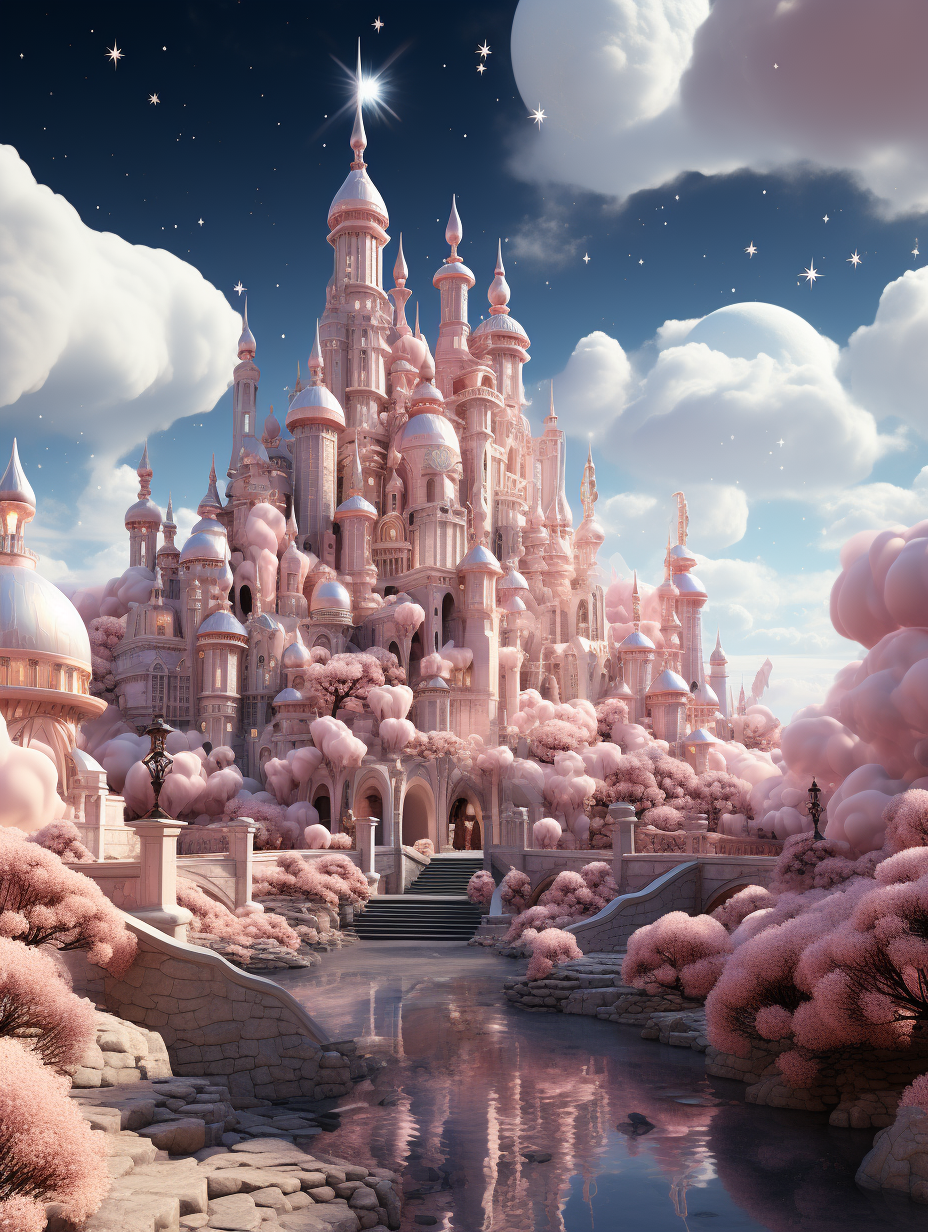 3d render of a magical fantasy castle made out of pastel pink candy, in the background is an enchanted forest with white clouds and sparkling stars, and the sky has a beautiful blue color, the scene includes a small river flowing through it, the overall tone should be dreamy and whimsical, there’s lots of detail on all elements of the picture, photo realistic