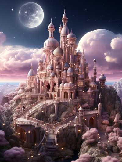 A majestic palace in the sky, with towering spires and intricate details, surrounded by soft pink clouds under an oversized moon., focus on face, fantasy illustration style, detailed character design, dreamy architecture, romanticism, full body shot, wide angle