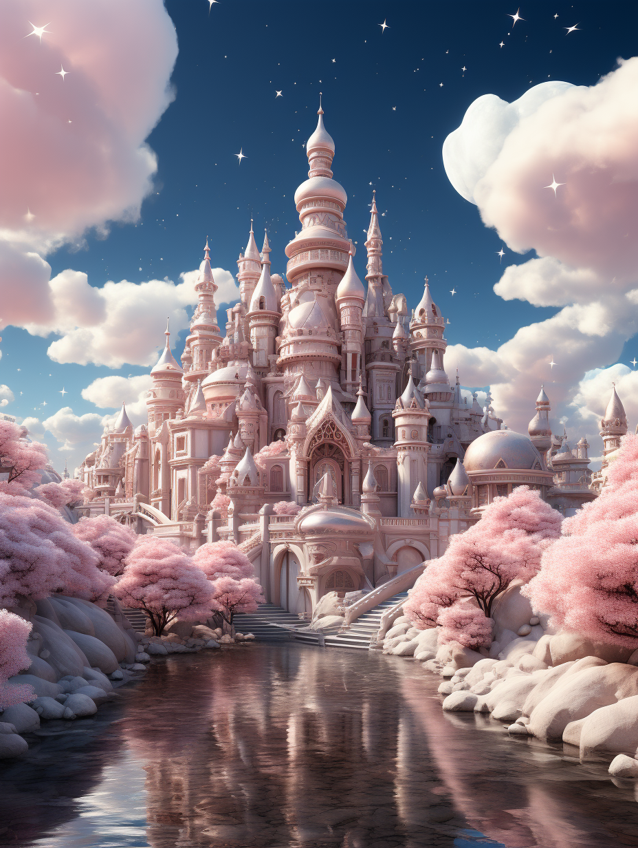 A beautiful and magnificent fairy tale castle, surrounded by white clouds in the sky, dreamy pink cherry blossoms blooming on both sides of the river, sparkling stars shining like diamonds below them, with an extremely delicate structure, exquisite details, ultrahigh definition images, rendered in the style of octane rendering, ray tracing, panoramic photography, fantasy engine, and digital art technology.