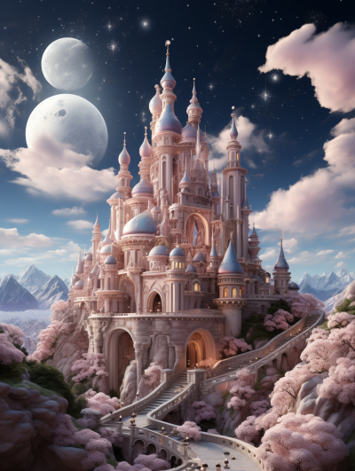 A majestic fairytale castle with a central dome, surrounded by delicate pink cherry blossoms and soft clouds in the sky. The moon is visible on one side of the scene, casting gentle light over the intricate architecture of the castle. This magical setting evokes an enchanting atmosphere reminiscent of classic Disney fantasy worlds. Digital illustration in the style of classic Disney fantasy worlds.