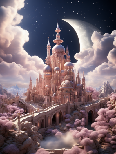 A fantasy castle surrounded by clouds and pink trees, with the moon in the background, in the style of digital art, fantasy-inspired artwork, detailed character design, highly realistic.