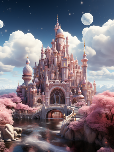 A beautiful pink fairytale castle with turrets and drawbridge on the edge of an enchanted lake surrounded by cherry blossom trees under wide blue sky with puffy white clouds and full moon in background. Disney Pixar style art. Photorealistic.