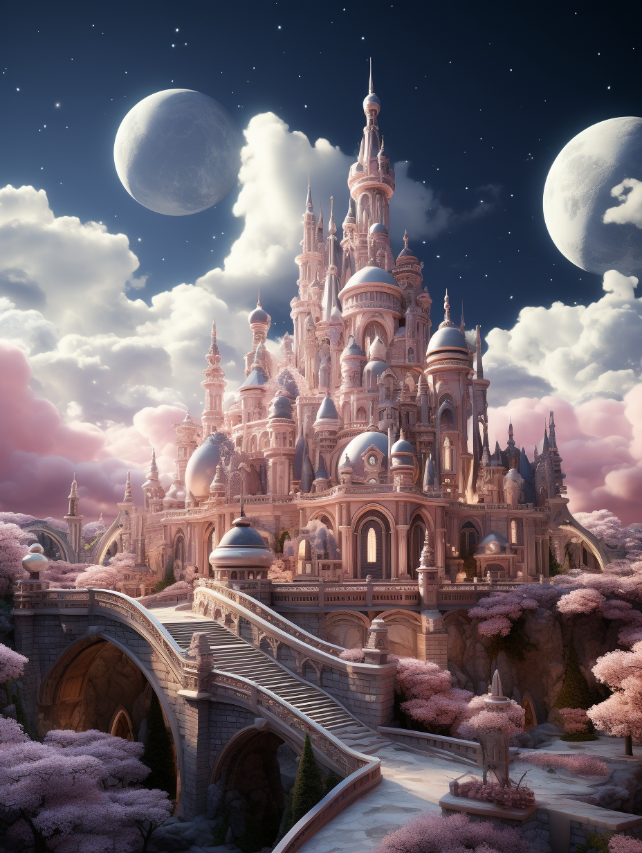 Disney style pink castle with moon and clouds in the background, cartoon style fantasy world, fantasy architecture bridge, pink trees, detailed high resolution high detail dreamy color palette, digital art in the style of hyper realistic.