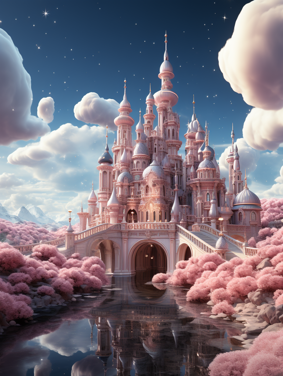 A fairytale castle surrounded by pink clouds under the blue sky, surrounded by white fluffy clouds and cherry blossom trees, dreamy and romantic, in the cartoon style, in the style of Disney, a fantasy world, fantastic architecture, exquisite details, high definition, high resolution, super detailed.