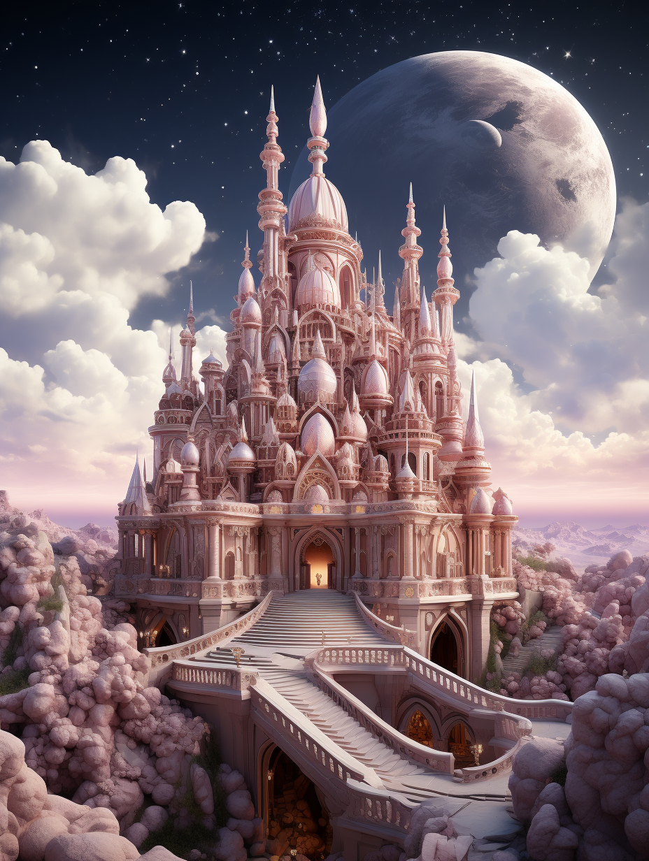 A majestic castle with pink and white architecture, nestled in the heart of an enchanted sky kingdom. High resolution in the style of anime, highly detailed fantasy landscape with a moon background, soft lighting, magical realism in pastel colors, celestial clouds, fantasy art with a dreamy atmosphere, intricate details, whimsical design, sparkling stars, concept artwork in an ultra realistic digital painting with smooth brushwork, octane render.