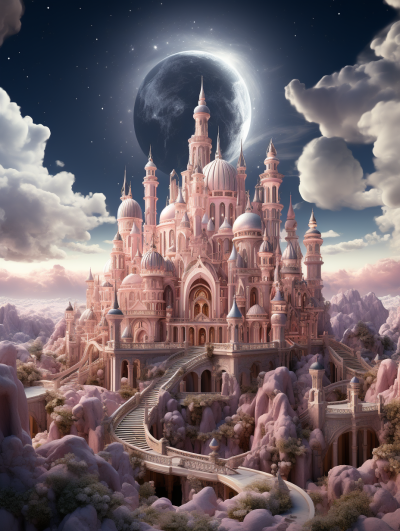 A huge palace made of pink marble, on top there is an extremely large moon. A fantasy landscape in the detailed illustration in the style of Z Delta and [Alphonse Mucha](https://goo.gl/search?artist%20Alphonse%20Mucha). Beautiful, magical, highly detailed digital art created with Unreal Engine.