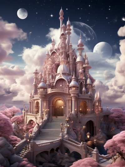 A fairytale castle in the sky, surrounded by pink clouds and a beautiful moon. The palace is adorned with intricate details like turrets, towers, and arches, creating an enchanting atmosphere. There is also a bridge leading to it from another planet. This scene captures a whimsical fantasy world filled with magic and wonder. An ultrarealistic photograph captured this scene in the style of a high resolution 20 megapixel Hasselblad H6D400c MS camera.