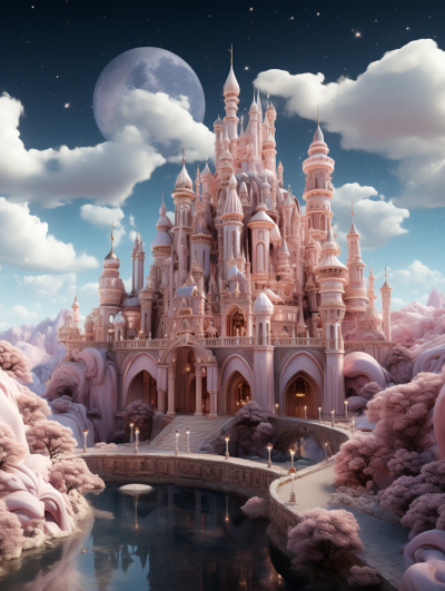 A pink fairytale castle with clouds and moon in the background, surrounded by gardens, rivers, and bridges. The overall color scheme is mainly light blue, pink, white, and gold. It has European style architecture and fantasy elements, creating an atmosphere of dreamy romanticism. High definition photography style, detailed details, full body perspective, high resolution, super realistic rendering effect in the style of high definition photography.