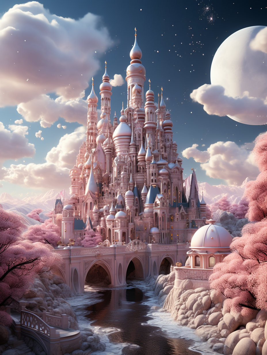 3d render of A fairytale castle with pastel pink and white towers, surrounded by blooming cherry blossom trees, under the sky filled with fluffy clouds and a large moon. The scene is bathed in soft lighting that creates gentle shadows on its intricate details.