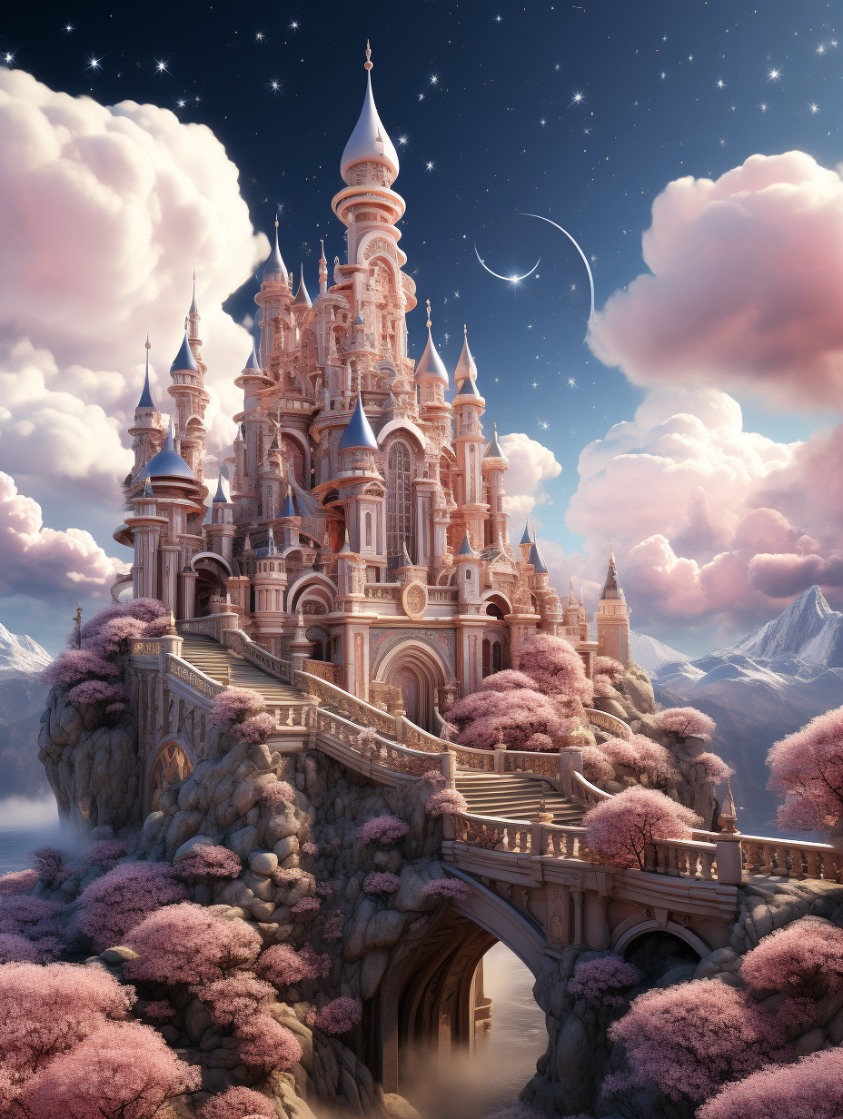 Beautiful fairytale castle with pink and white colors, surrounded by beautiful clouds and stars, with cherry blossom trees on the ground, in the cartoon style, high resolution, highly detailed, sharp focus, illustration, digital art, cinematic lighting, fantasy landscape, dreamy atmosphere, pastel color palette, magical glow, intricate details, romantic ambiance, soft lighting, whimsical design, clear sky, bright moon in the background, white cloud, pink and purple clouds, sparkling light.