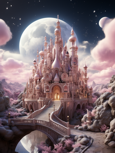 Create an enchanting illustration of the moonlit castle, inspired by Pixar's magical and dreamy style. The scene features pink clouds in pastel hues against a backdrop of a full white or silvermoon. A bridge leads to the grand facade with ornate spires and towers adorned with intricate details. Inside, soft lighting illuminates an array of shimmering crystals, creating a mystical atmosphere that captures hearts and imagination., focus on face