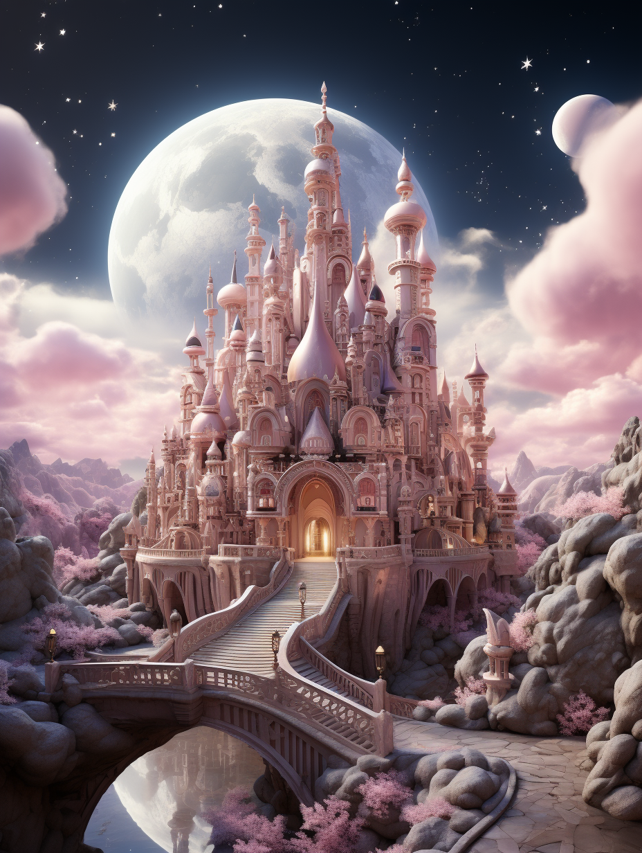 Create an enchanting illustration of the moonlit castle, inspired by Pixar’s magical and dreamy style. The scene features pink clouds in pastel hues against a backdrop of a full white or silvermoon. A bridge leads to the grand facade with ornate spires and towers adorned with intricate details. Inside, soft lighting illuminates an array of shimmering crystals, creating a mystical atmosphere that captures hearts and imagination., focus on face