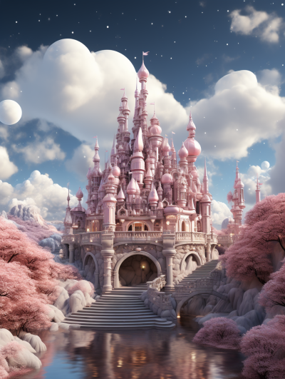 A whimsical pink fairytale castle with pastel clouds and blooming cherry blossoms, surrounded by sparkling water in the style of Pixar animation. The scene is bathed in soft light, creating an enchanting atmosphere reminiscent of Disney's animated films. Digital illustration, rendered using C4D software, showcasing detailed textures and vibrant colors to capture the magical essence of fairy tales.