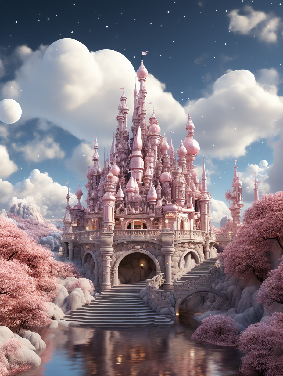 A whimsical pink fairytale castle with pastel clouds and blooming cherry blossoms, surrounded by sparkling water in the style of Pixar animation. The scene is bathed in soft light, creating an enchanting atmosphere reminiscent of Disney’s animated films. Digital illustration, rendered using C4D software, showcasing detailed textures and vibrant colors to capture the magical essence of fairy tales.