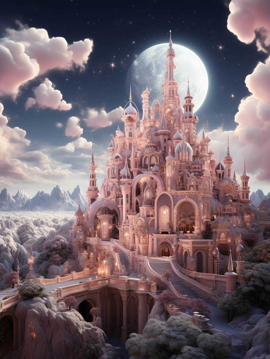 An ancient pink castle surrounded by clouds, with the moon shining brightly in front. The buildings have intricate details and are adorned with gorgeous decorations. There is an open space below where people can walk around. This scene creates a dreamy atmosphere that feels like being immersed in fantasy. It was created using C4D software and rendered in high resolution, in the style of Chinese artist.