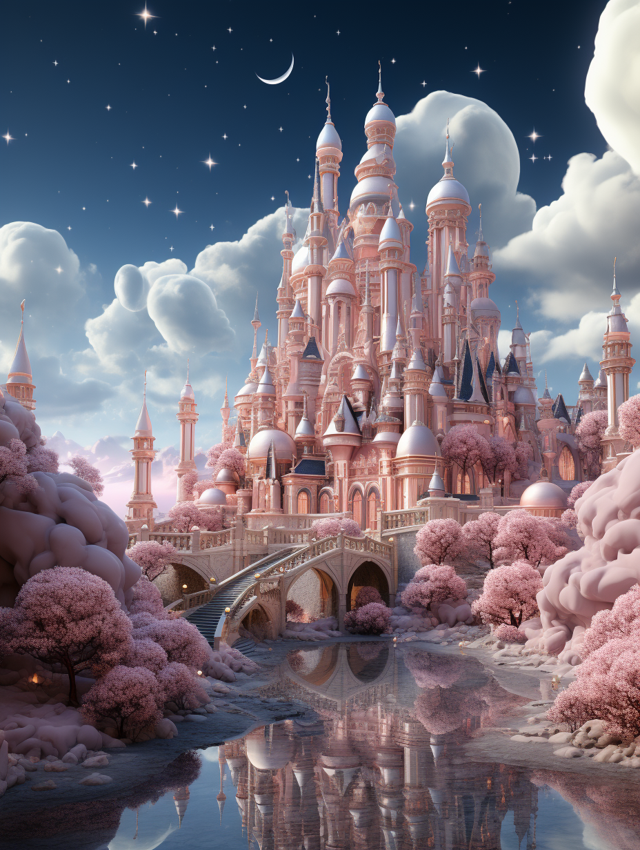 3D render of a magical fairytale castle made of pink and white clouds, with silver accents, surrounded by blooming trees and water in the style of Disney Pixar animation. The background is a blue sky with fluffy clouds and a moon. It is high resolution with a whimsical fantasy style and dreamy atmosphere. Soft lighting and detailed textures create a dreamlike feel. Vibrant colors and a cinematic composition give it a surrealistic look. A pastel color palette, magic glow, and enchanting mood create an ethereal feel.