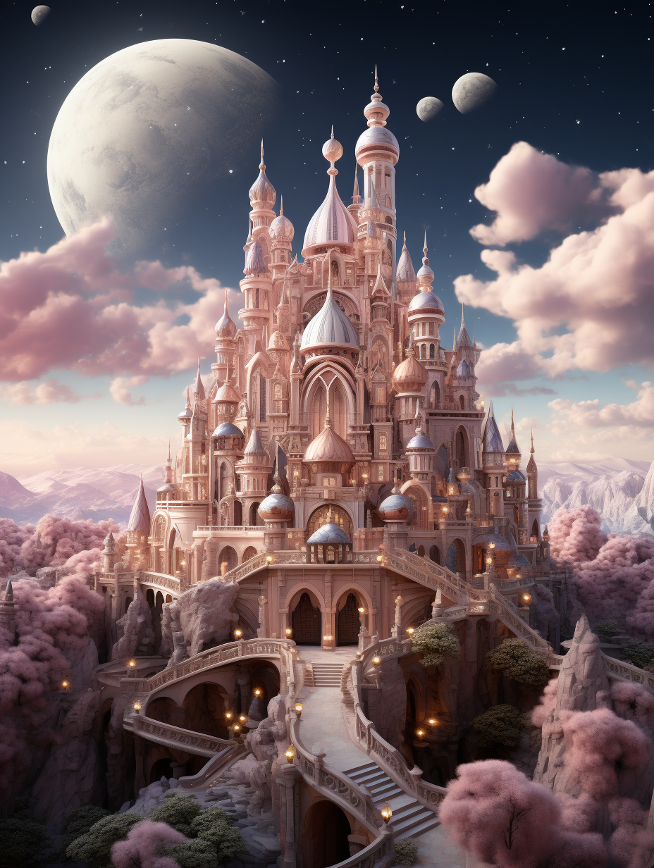 3D render of a whimsical pink fairytale castle with a big moon in the sky, pastel colors, dreamy landscape, fantasy world, detailed architecture, fantasy art style, soft lighting, high resolution, intricate details, digital painting, smooth, sharp focus, highly detailed, high definition, octane rendering, in the style of Disney Pixar.