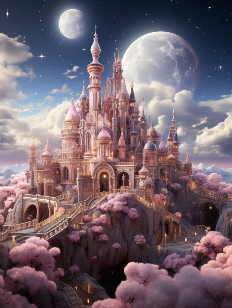 Disney style castle with pastel pink and white colors, surrounded by clouds, moon in the sky, surrounded by peach blossoms, fantasy, cartoon, high resolution, high detail, hyper quality, high definition, super realistic, hyperrealistic, photo realism