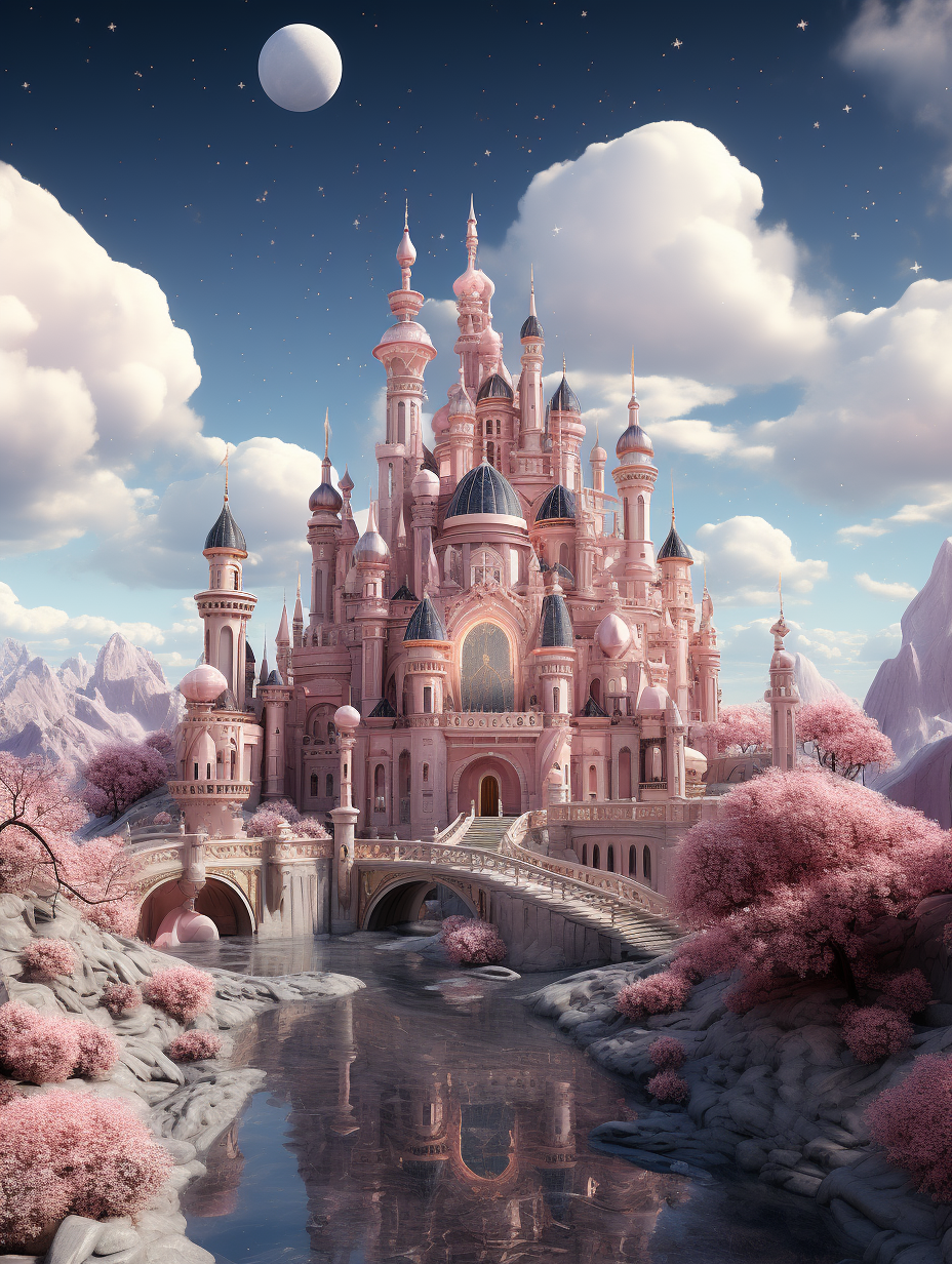 3d render of a magical pink castle in the style of pixar, surrounded by beautiful scenery, high definition, hyper realistic