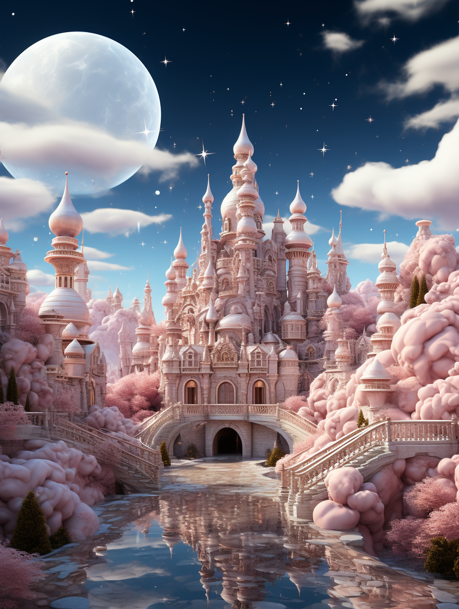 Beautiful fairytale castle made of cotton candy, surrounded by white clouds and a full moon, with bridges connecting the buildings, surrounded by pink trees, a clear blue sky, a dreamy atmosphere, high definition photography in the style of magical realism, a fantasy background, ultrahigh resolution with high details, high quality and high sharpness, high contrast, soft lighting, sparkling light, captured with a wideangle lens in a natural environment.