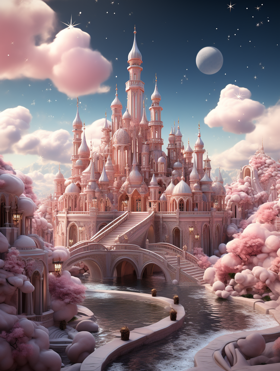 3D illustration of a pink fantasy castle surrounded by clouds and a river with small bridges made of cotton candy. Moonlight shines on the castle. Pink peach blossoms line the walls, creating a fairy tale atmosphere. The overall color scheme is soft and dreamy, with European medieval style architecture. High definition details and high resolution photography capture the image in the style of a fairy tale.