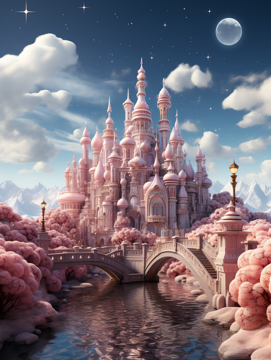 A pink fantasy castle surrounded by cotton candy clouds, with water and bridges, surrounded by mountains, moonlight, and a background of sky blue clouds. The scene is rendered in a realistic style, with soft lighting and bright colors. This is an enchanting fairy tale world full of dreams and romance.