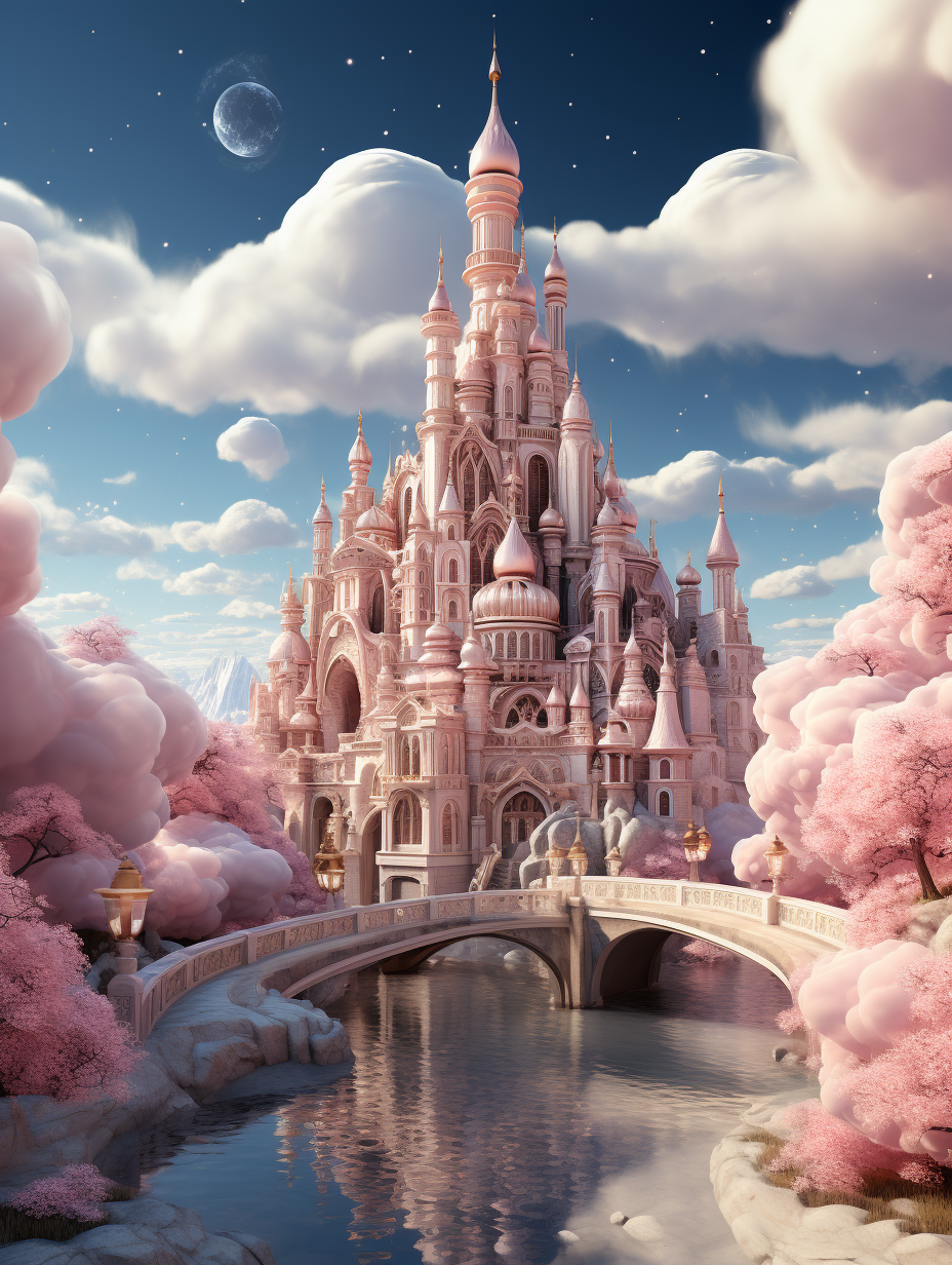 A fairytale castle with pink and white clouds, surrounded by water, pink trees, and bridges. The scene is set against a backdrop of blue sky and fluffy white clouds. It features an illustration style rendered in Cinema4D, with detailed character design, a soft dreamy depiction, a fairy tale core, and a grand view perspective. The overall color scheme includes pink tones, creating a whimsical atmosphere. High resolution, high quality, and high detail in the style of a dreamlike fairy tale.