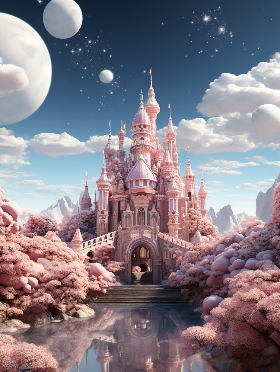 A pink fairytale castle surrounded by peach trees, a bridge leads to the entrance of the palace, clouds and stars in the blue sky, two moons, fantasy landscape style, pastel colors, digital art techniques, matte painting, high resolution, hyperrealistic details, panoramic view, a girl sitting on her throne inside looking at you with love, a lake under the bridge, planets and starry background, dreamy atmosphere, detailed architecture, floating balloons, cute and adorable, ultra realistic in the style of fantasy landscape.