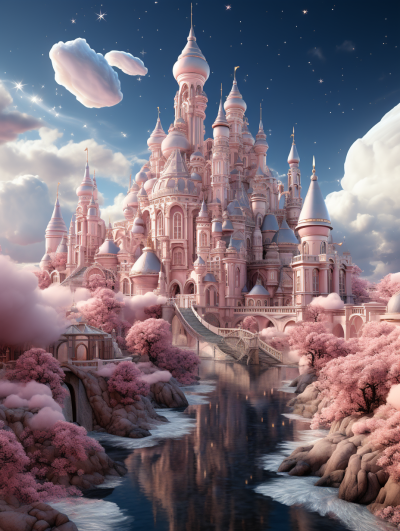 A fairytale castle with pink and white towers, surrounded by clouds, rivers, and bridges over waterways, with cherry blossom trees in the background, in the style of realistic photography, with high resolution and very detailed wide angle shots showing the full scene, with volumetric light and bright colors giving a hyperrealistic and fantastical digital art style reminiscent of cinema.