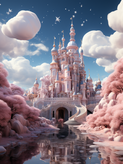 A dreamy castle surrounded by clouds, featuring an enchanting pink color scheme and a backdrop of clear blue skies with fluffy white clouds. The scene includes lush greenery surrounding the castle's majestic architecture, creating a magical atmosphere reminiscent of Disney illustrations. This image is rendered in high resolution, showcasing intricate details that bring it to life. It embodies a whimsical fantasy style, evoking emotions like wonderment and imagination., focus on face