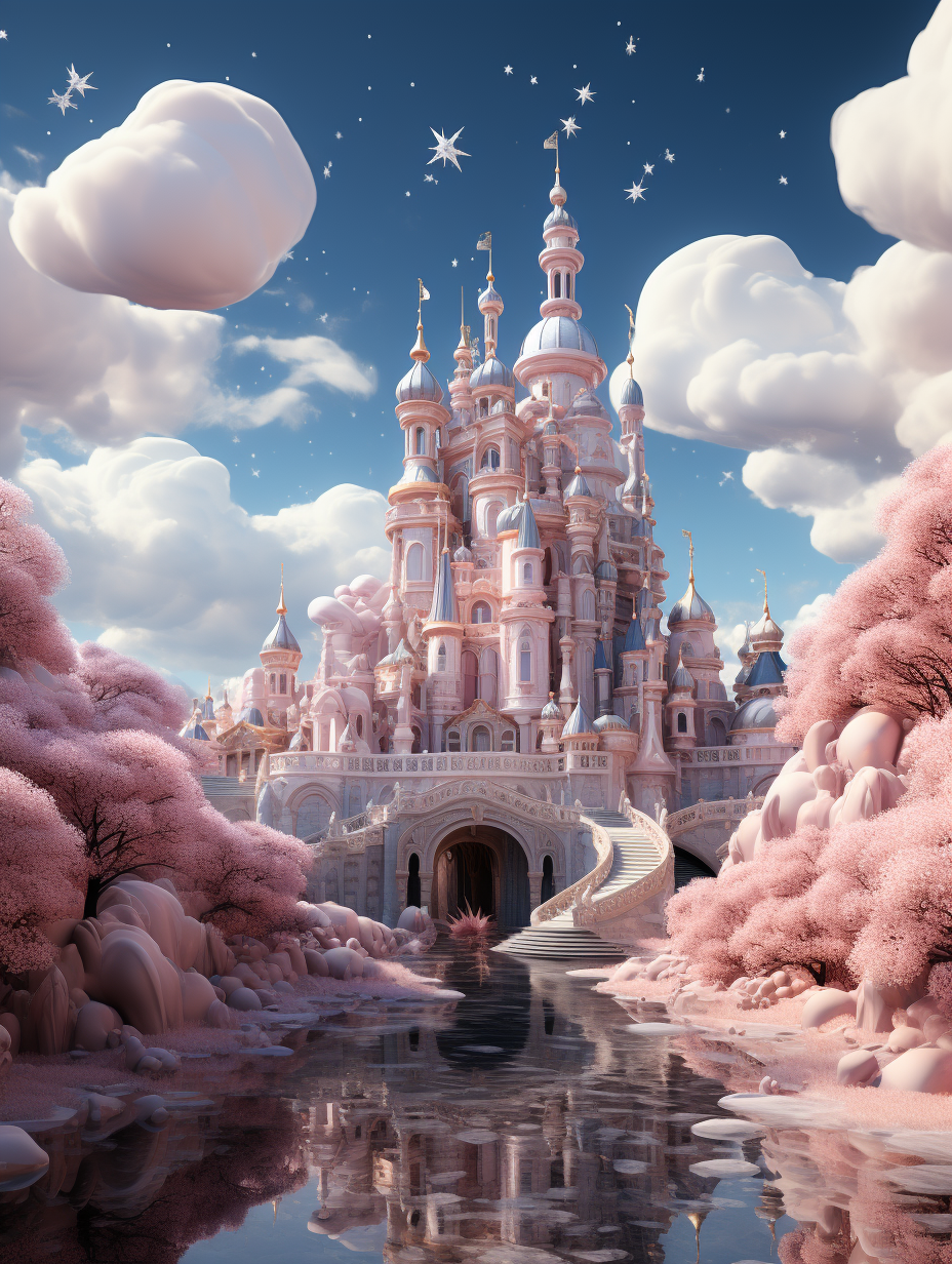 A dreamy castle surrounded by clouds, featuring an enchanting pink color scheme and a backdrop of clear blue skies with fluffy white clouds. The scene includes lush greenery surrounding the castle’s majestic architecture, creating a magical atmosphere reminiscent of Disney illustrations. This image is rendered in high resolution, showcasing intricate details that bring it to life. It embodies a whimsical fantasy style, evoking emotions like wonderment and imagination., focus on face