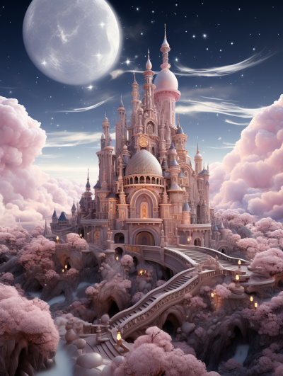 3D render of a magical fantasy fairytale castle surrounded by clouds and pink trees, with a moon in the sky, white fluffy clouds, in the style of a fantasy-inspired art style, with detailed character illustrations, and enchanting lighting, in a storybook-like style.