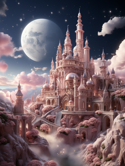 A grand pink palace with towering spires and intricate details nestled in the heart of an enchanted garden under a sky filled with twinkling stars and fluffy clouds. The moon hangs large above, casting its gentle glow upon everything. A fantasy illustration in the digital art style, with cinematic qualities.