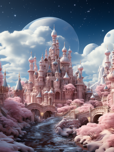 Disney-style pink castle with a blue sky and white clouds, a huge moon hanging in the background, surrounded by many peach trees, small bridges over flowing water, rivers winding through the scenic fairy tale world with pink tones and high definition photographic details depicting super realism in the style of Disney.