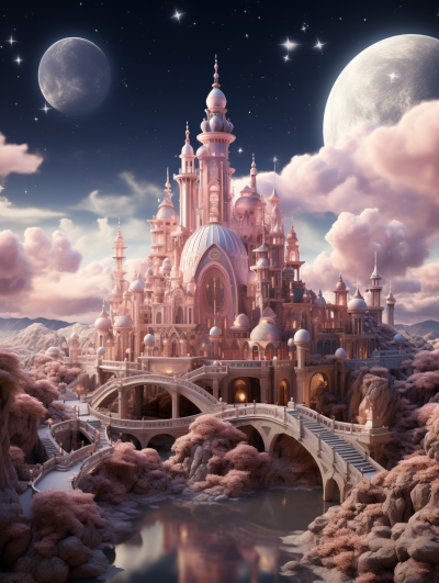 A pink dreamy castle surrounded by clouds, a bridge connecting the palace to another planet, and a moon in the sky. The scene is full of fantasy and romance, with soft lighting creating an atmosphere reminiscent of Pixar's animated films. A magical world filled with wonder and enchantment in a realistic rendering style, with dreamlike scenery, high resolution, a fairy tale core, dreamy and romantic scenes, detailed background elements, and ultrahigh definition images.