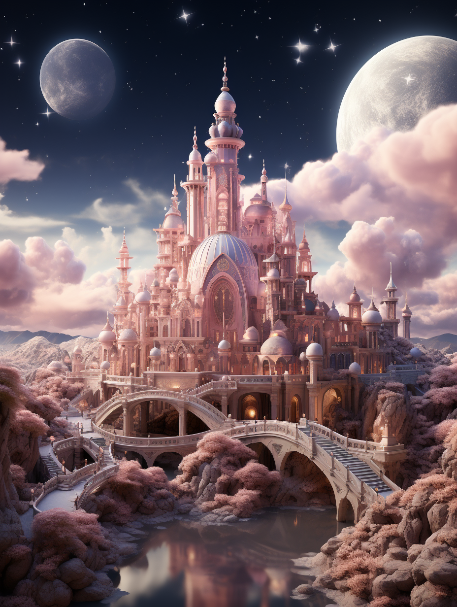 A pink dreamy castle surrounded by clouds, a bridge connecting the palace to another planet, and a moon in the sky. The scene is full of fantasy and romance, with soft lighting creating an atmosphere reminiscent of Pixar’s animated films. A magical world filled with wonder and enchantment in a realistic rendering style, with dreamlike scenery, high resolution, a fairy tale core, dreamy and romantic scenes, detailed background elements, and ultrahigh definition images.