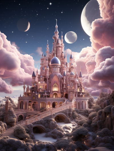 A fairytale castle surrounded by clouds and moons, with pink hues in a fantasy, detailed style in the style of hyper realistic art.