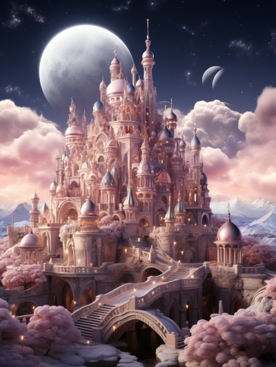 A majestic castle with towering spires and intricate details, nestled in the heart of an enchanted kingdom under a starlit sky. The illustration focuses on details with high resolution hyperrealistic style, rendered in pastel pink colors illuminated by moonlight in the style of cinema4d.