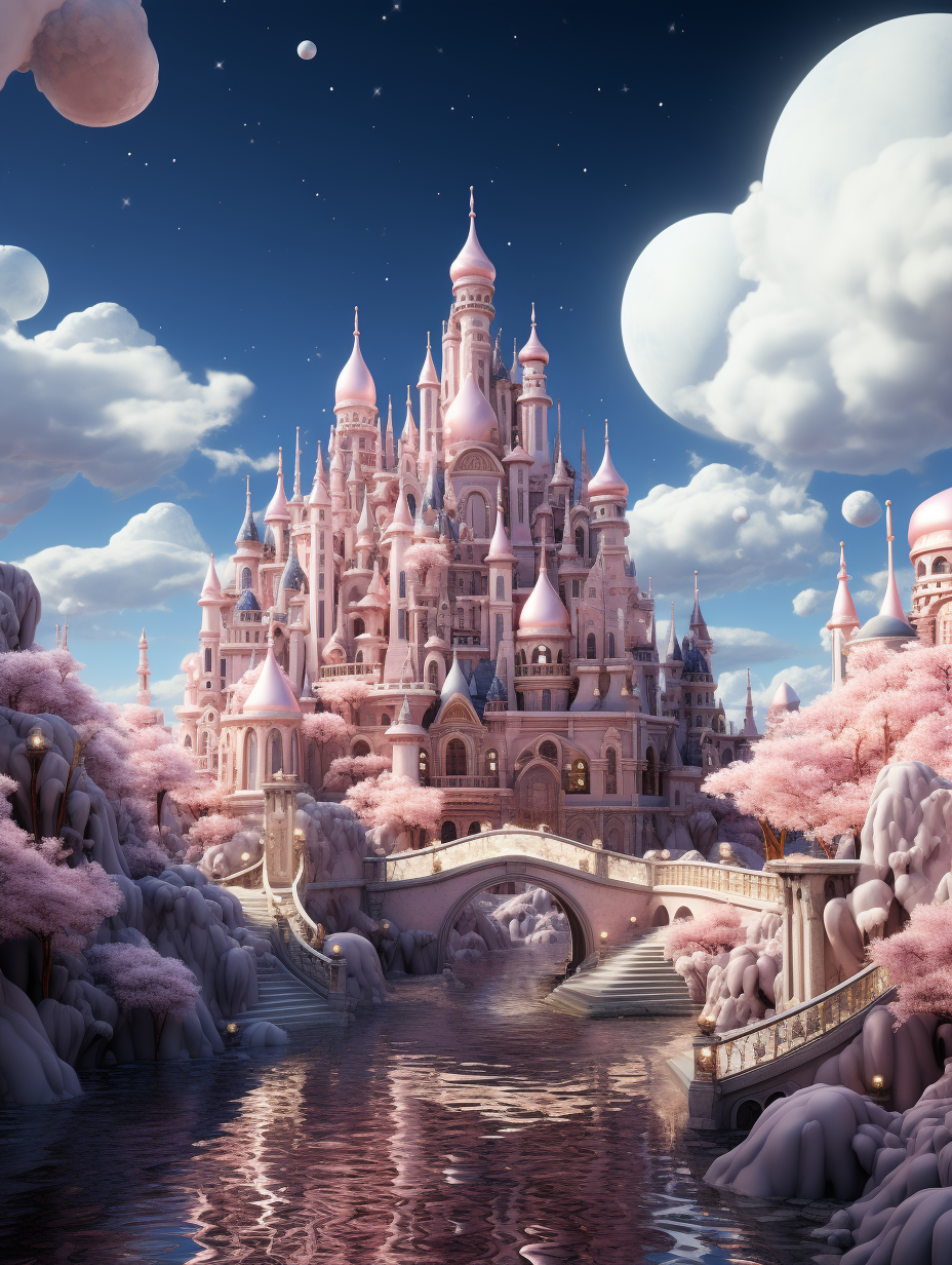 A pink fantasy castle surrounded by water, with a blue sky and white clouds. Pink trees surround it, with a bridge across the river. The style is fantasy, in the style of Disney cartoon illustrations. Exquisite details, high definition, high resolution, full body portrait. Dreamy colors, super quality, high detail.