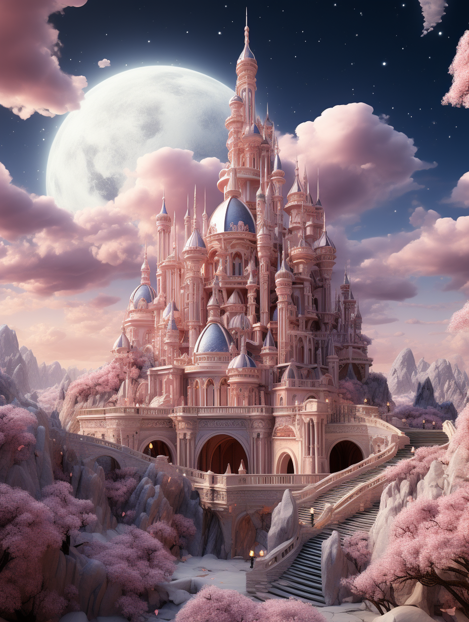 A grand, pink castle nestled in the heart of an enchanted forest under a full moon., , detailed character illustrations, fantasy style, super realistic rendering