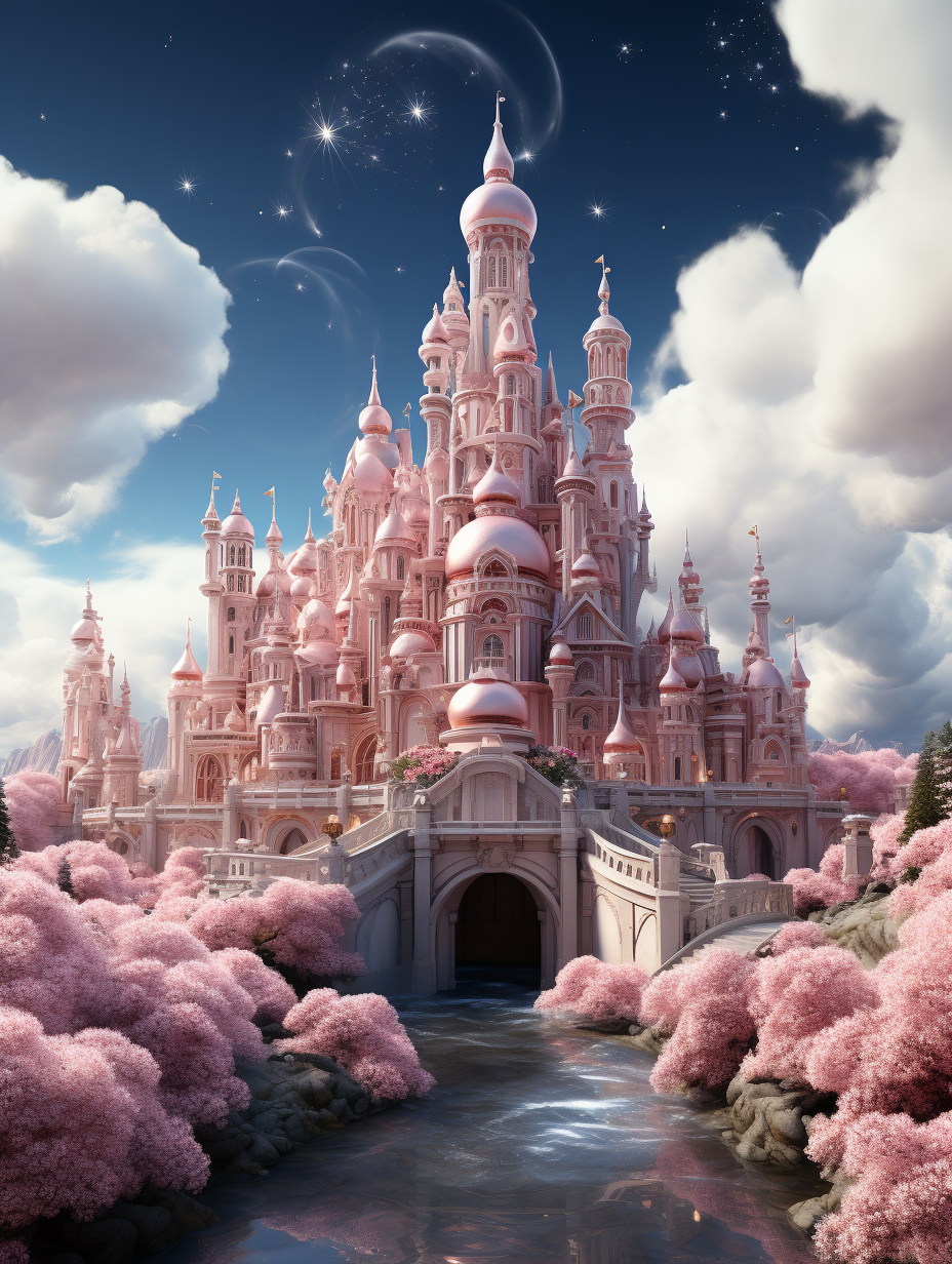 A fairytale castle in the style of rococo and in the style of Disney, with pink pastel colors, surrounded by cherry blossom trees, with stars shining through clouds in the background, high resolution, high detail, hyper realistic.