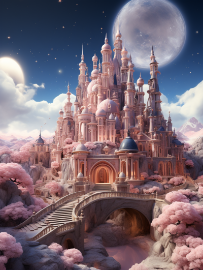 3D render of a magical fairytale castle in pastel pink and peach colors, with a big moon in the sky and a fantasy background. The castle features detailed architecture and is set within a fantasy landscape containing a fantasy forest with cherry blossom trees, and a fantasy bridge over a river. The digital art depicts a magical fantasy world containing a magical castle and fantasy illustrations, with fantasy architecture in the style of a fantasy world. The magical fantasy castle is depicted as a magical palace within the digital painting, which features a fantasy art style as digital artwork portraying fantasy architecture.