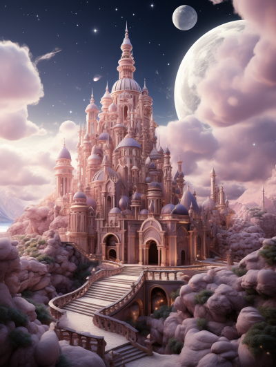 A majestic palace made of rose quartz, nestled in the heart of an enchanted forest under a sky filled with fluffy clouds and a full moon. in the style of Pixar with digital art techniques, detailed background elements, complex light and shadow, high resolution, details, quality, rendering, octane render, 8k.