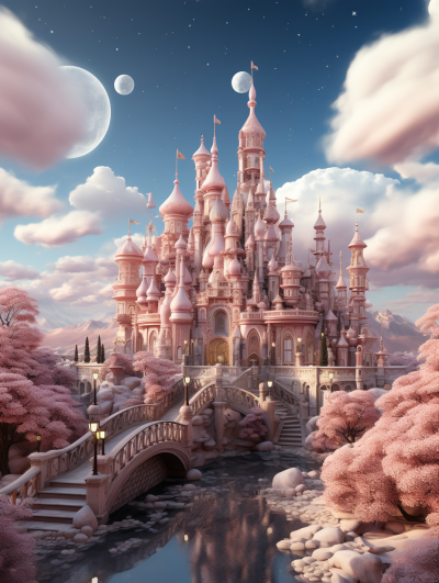 A fairytale castle with soft pink walls, turrets and bridges over waterways, set against the backdrop of an enchanted sky filled with floating moonlike objects. The scene is rendered in a whimsical digital art style reminiscent of classic Disney animations, with pastel colors that evoke a sense of dreamy romance. This enchanting setting captures the essence of fantasy and magic, creating a visually stunning composition that evokes both wonder and love. The scene is rendered in the style of classic Disney animations, with pastel colors that evoke a sense of dreamy romance.