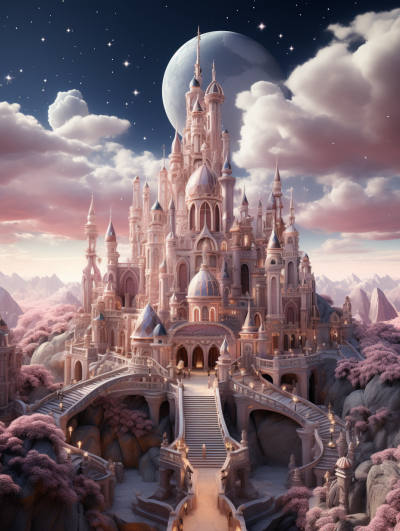 A majestic and beautiful fantasy castle with pink pastel colors, set against the backdrop of an enchanting sky filled with clouds and stars. The scene is rendered in high resolution, showcasing intricate details that bring to life every element from its architecture to the surrounding landscape. This artwork embodies a sense of wonder, magic, romance, adventure, and grandeur, creating a captivating visual experience for those who love whimsical worlds.