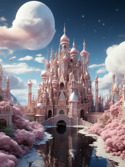 A fantasy castle surrounded by pink clouds, a bridge over the river leading to it. The sky is blue with white fluffy clouds and an oversized moon hanging in front of them. The buildings have spires and domes with pink and beige colors. It is a hyperrealistic photograph in high resolution, with very detailed and soft light in a cinematic and beautiful style.