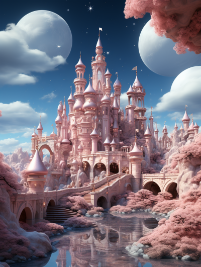 A pink fantasy palace surrounded by clouds, surrounded by water and sky, pink dreamy castle, pink peach trees, white moon, blue sky, fantasy fairy tale background, fantasy castle, fantasy architecture, fantasy landscape, fantasy architecture, fantasy art style, super detail, super high resolution, super high definition, super wide angle, super highdefinition