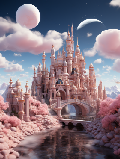 A pink and white castle with peach trees, rivers, bridges, clouds in the sky, moonlight shining on it, fantasy style, digital art, symmetrical composition, high definition