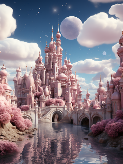 A pink fantasy palace with clouds and water, a bridge over the river in front of it. The sky is blue and the sun shines on everything. The buildings are made up of many small spires and the trees around them have white flowers. The whole scene gives off a soft light in the style of a super realistic photo. It has a detailed depiction with surrealism at a high resolution and wide angle panoramic view with movie lighting effects and dreamy colors rendered in octane.